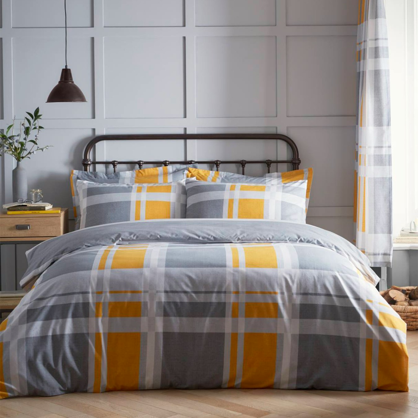Carson Reversible Check / Stripe Duvet Set - Ochre / Grey by Charlotte Thomas