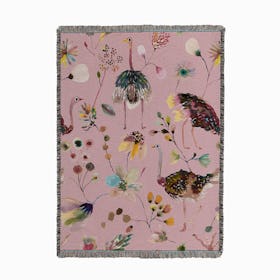 Ostriches And Floral Pink Woven Throw