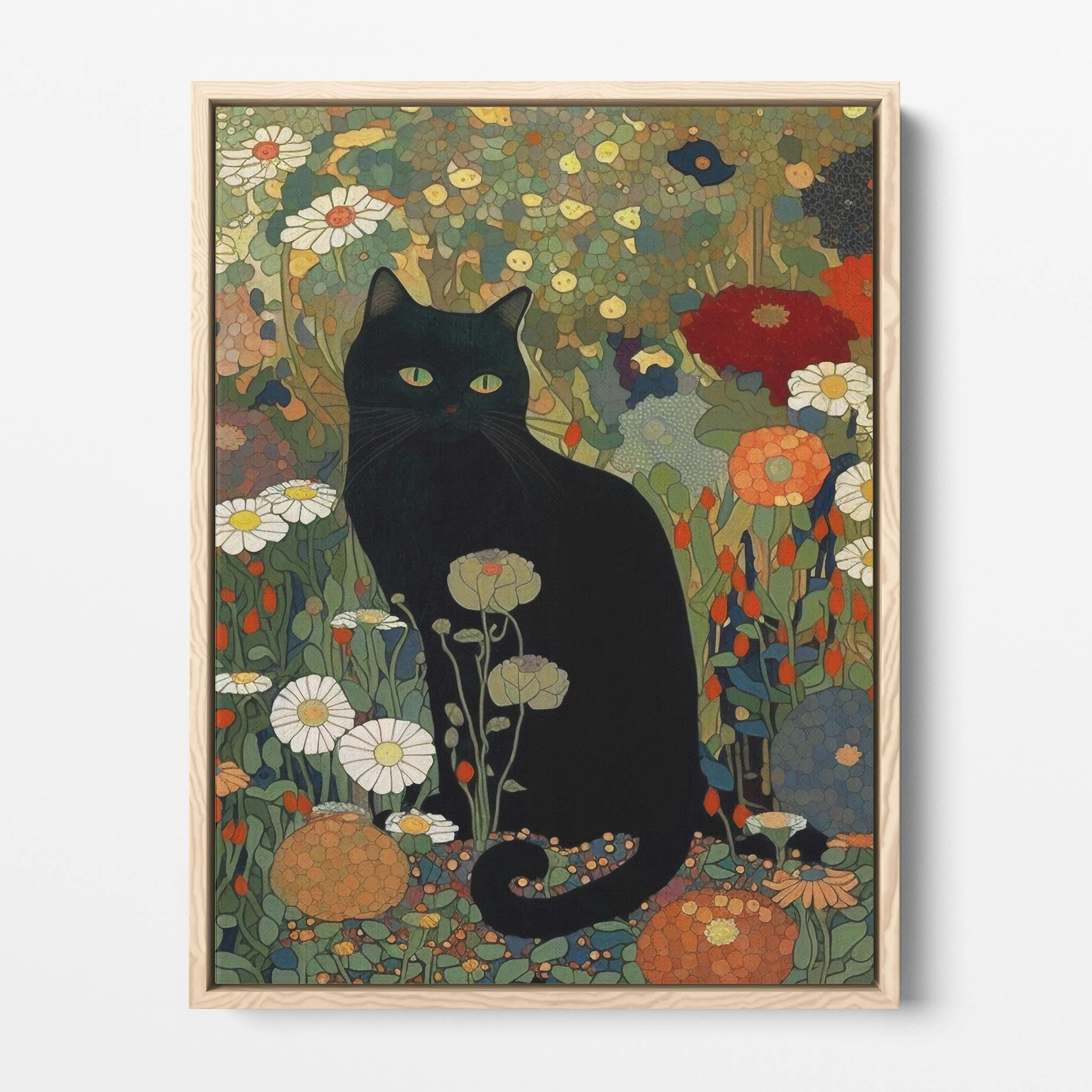 Black Cat Art, Purple Garden - 16 x 16 Giclee, Cat Art, Whimsical, cheapest Cat Decor, Floral Cat, Cat Lovers