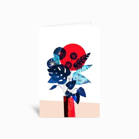 Blue Flowers In Red Vase Greetings Card