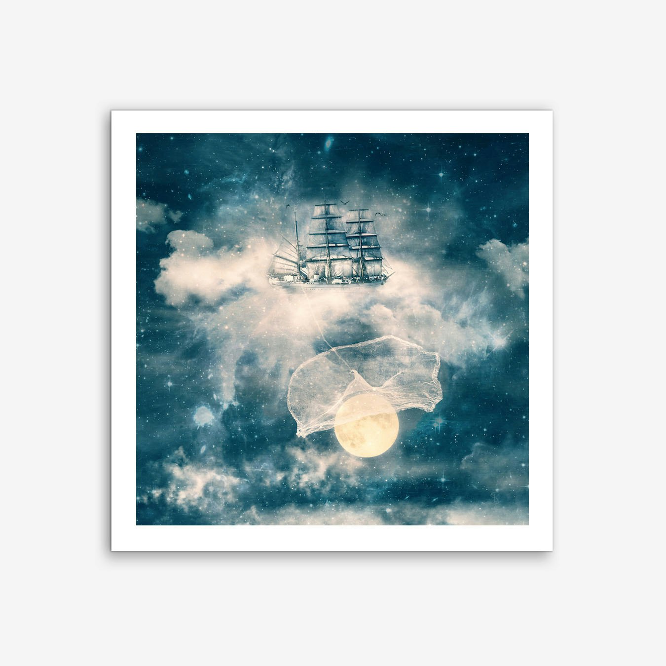 Moon and Ship Surreal Art Print Blue Poster for Bedroom Wall Decor Framable