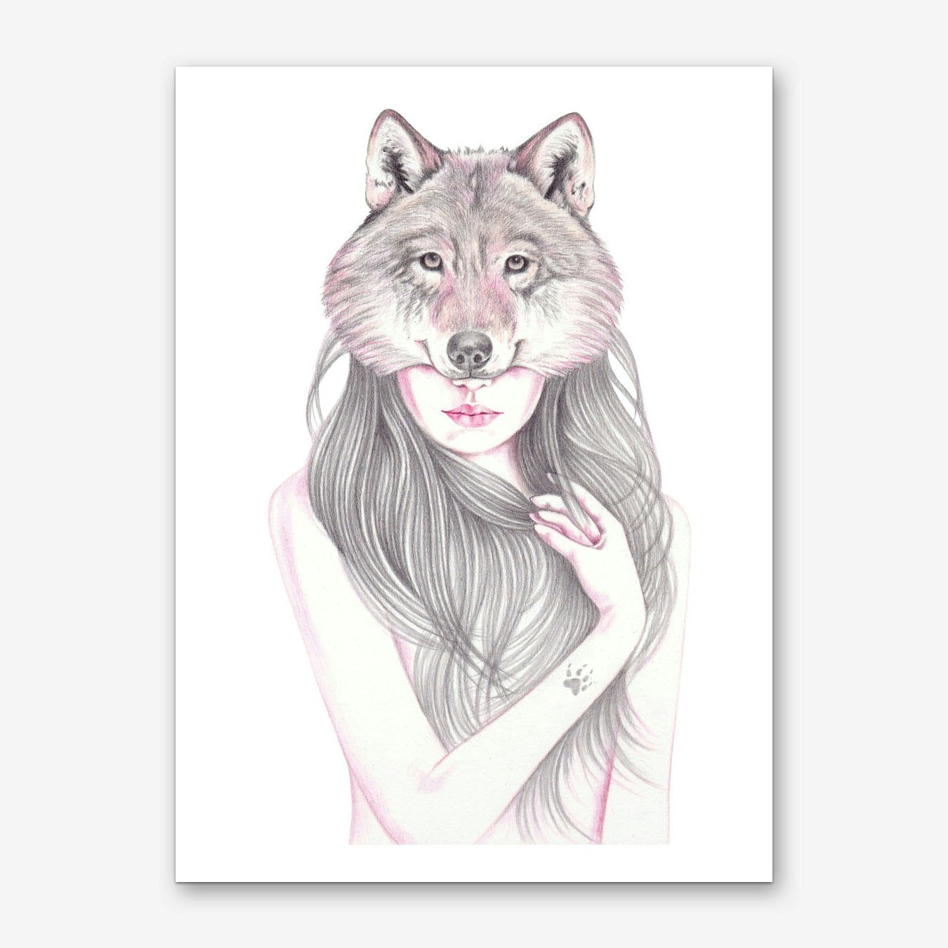 Wolf Portrait Art Print by Andrea Hrnjak in Grey for Living Room Wall Decor Framed Poster Style