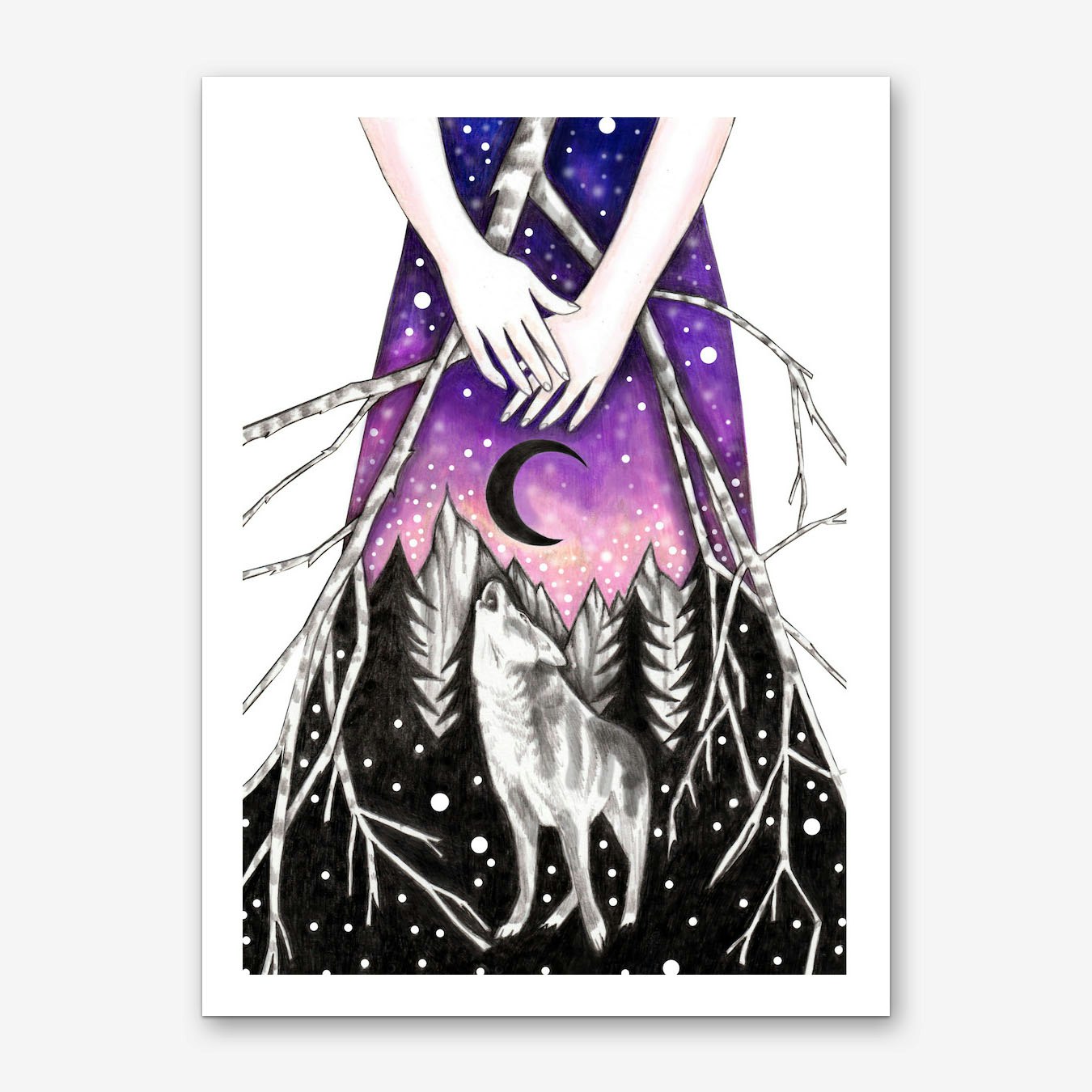 Lone Wolf Art Print Poster Mystical Purple for Living Room Framed Option Wall Decor