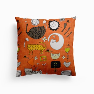 Spring Cat Orange Canvas Cushion