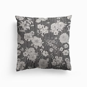 Flowers And Stripes Black White Canvas Cushion