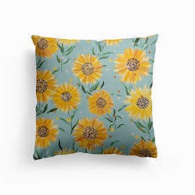 Summer Happy Sunflowers Blue Canvas Cushion