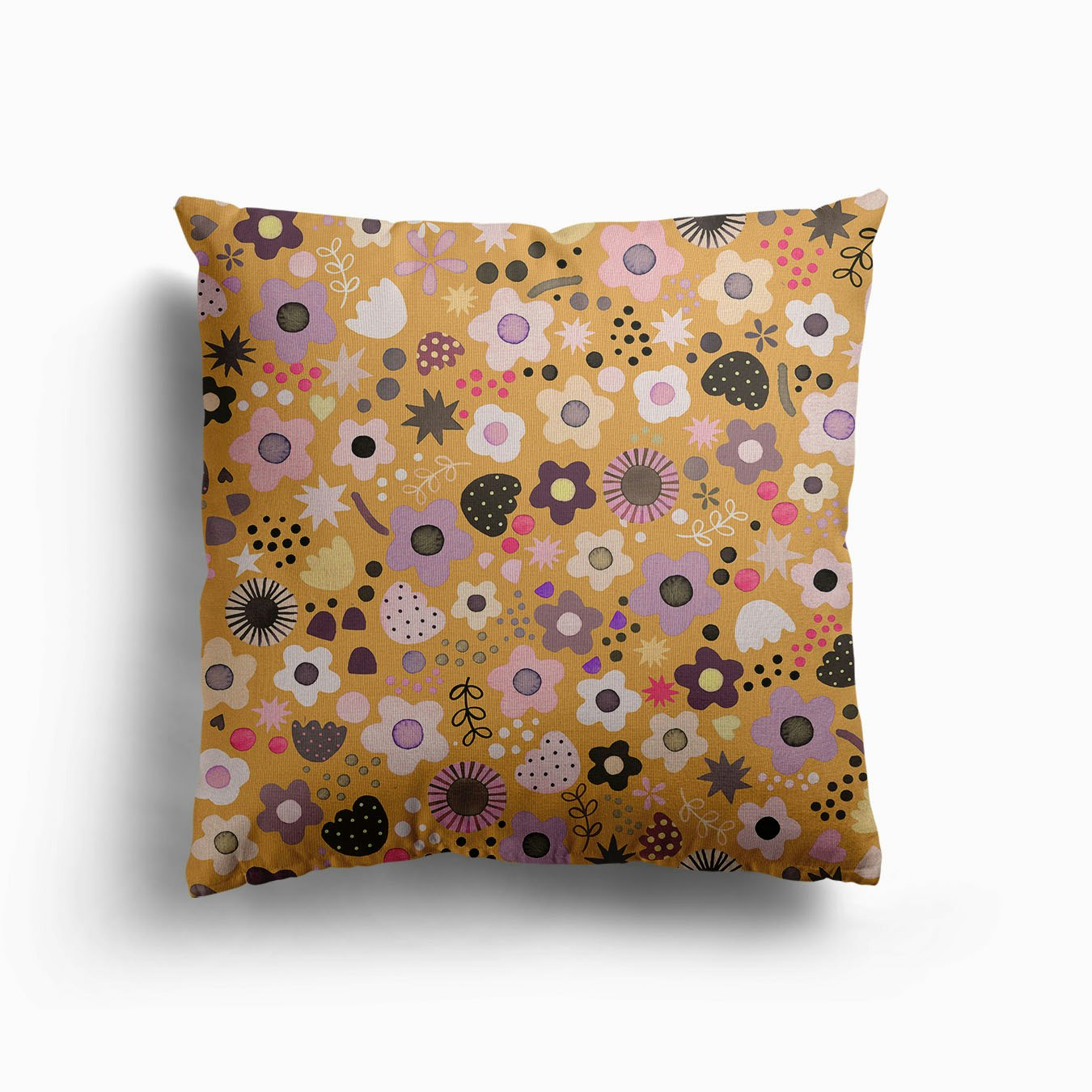 Psychedelic Playful Nature Flowers Mustard Canvas Cuscino