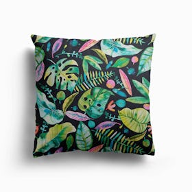 Tropical Leaves Green Pink Canvas Cushion