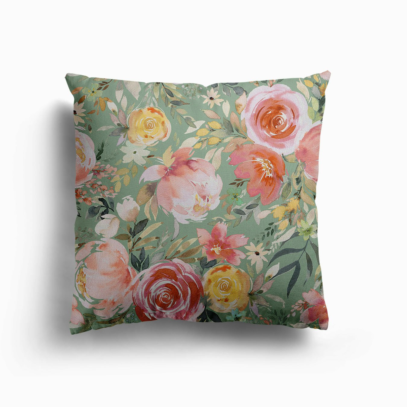 Pastel Peony Rose Floral Bouquet Green Canvas Coussin