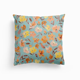 Fresh Flowers Yellow Teal Canvas Cushion