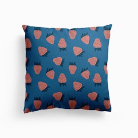 Pink Strawberry Pattern On Blue Canvas Cushion