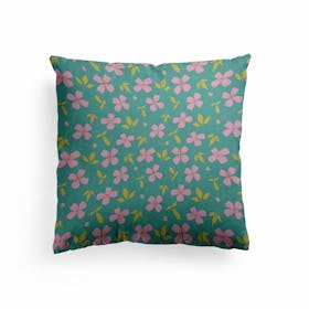 Pink Floral Pattern On Turquoise Canvas Cushion