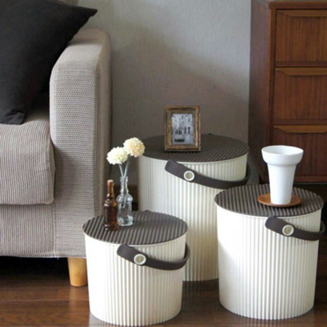 Omnioutil Storage Bucket with Lid - Beige / Brown by Hachiman