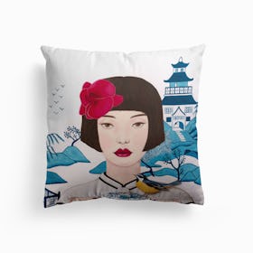 Chinese Woman With Chinoiserie Pot And Bird Cushion