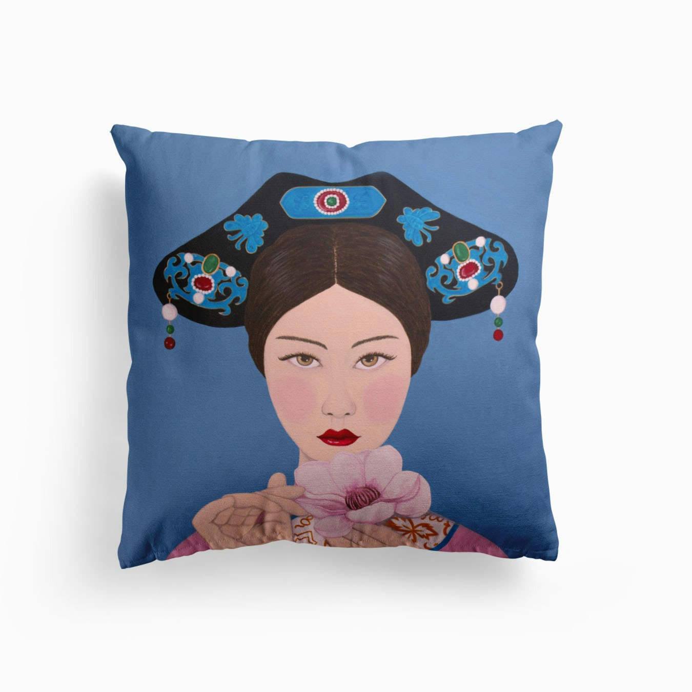 Chinese Woman Holding Flower Cushion by Sally B