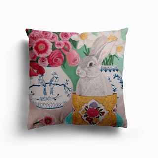 Rabbit With Roses And Daffodils In Chinoiserie Vase Canvas Cushion
