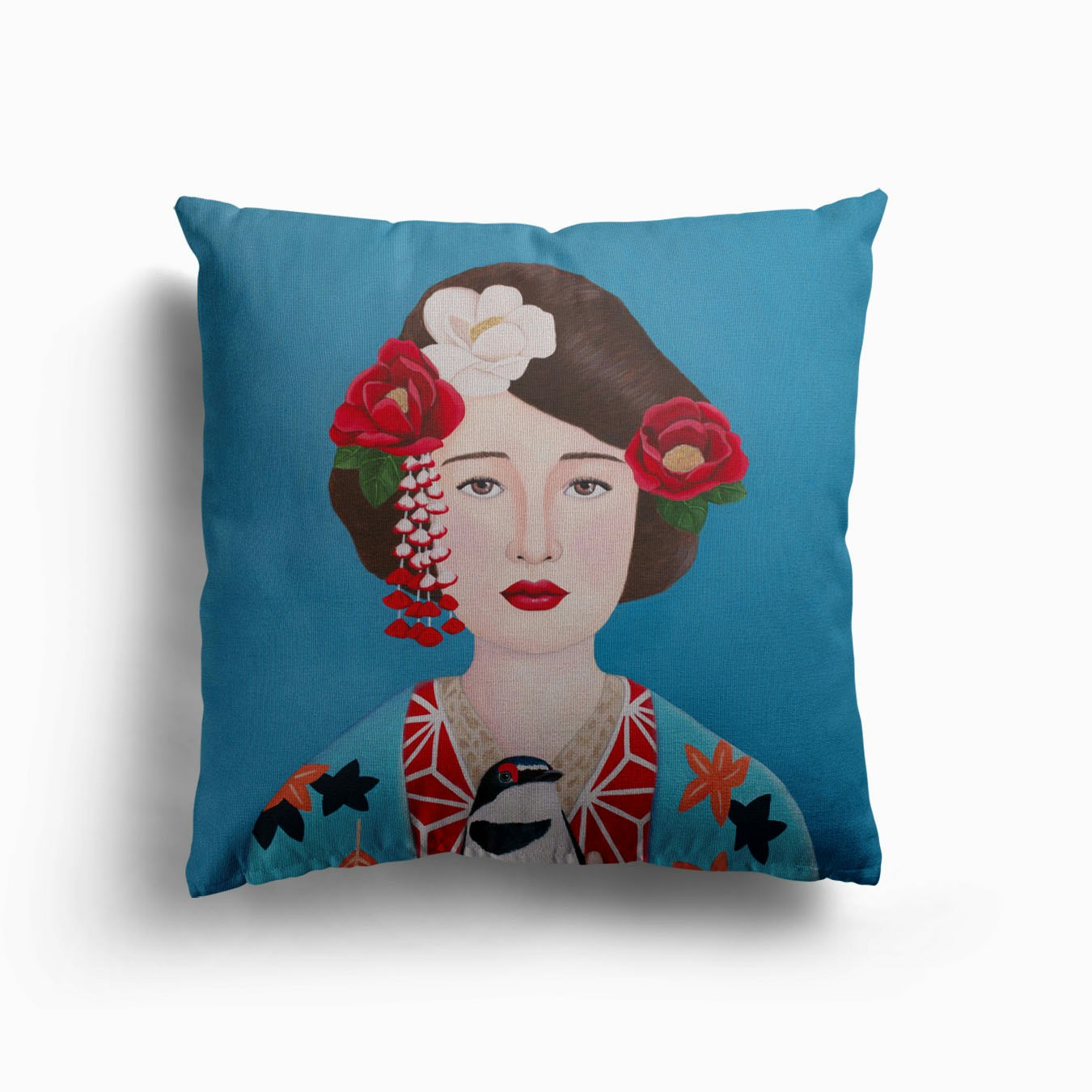 Japanese Woman And Bird Canvas Cushion by Sally B