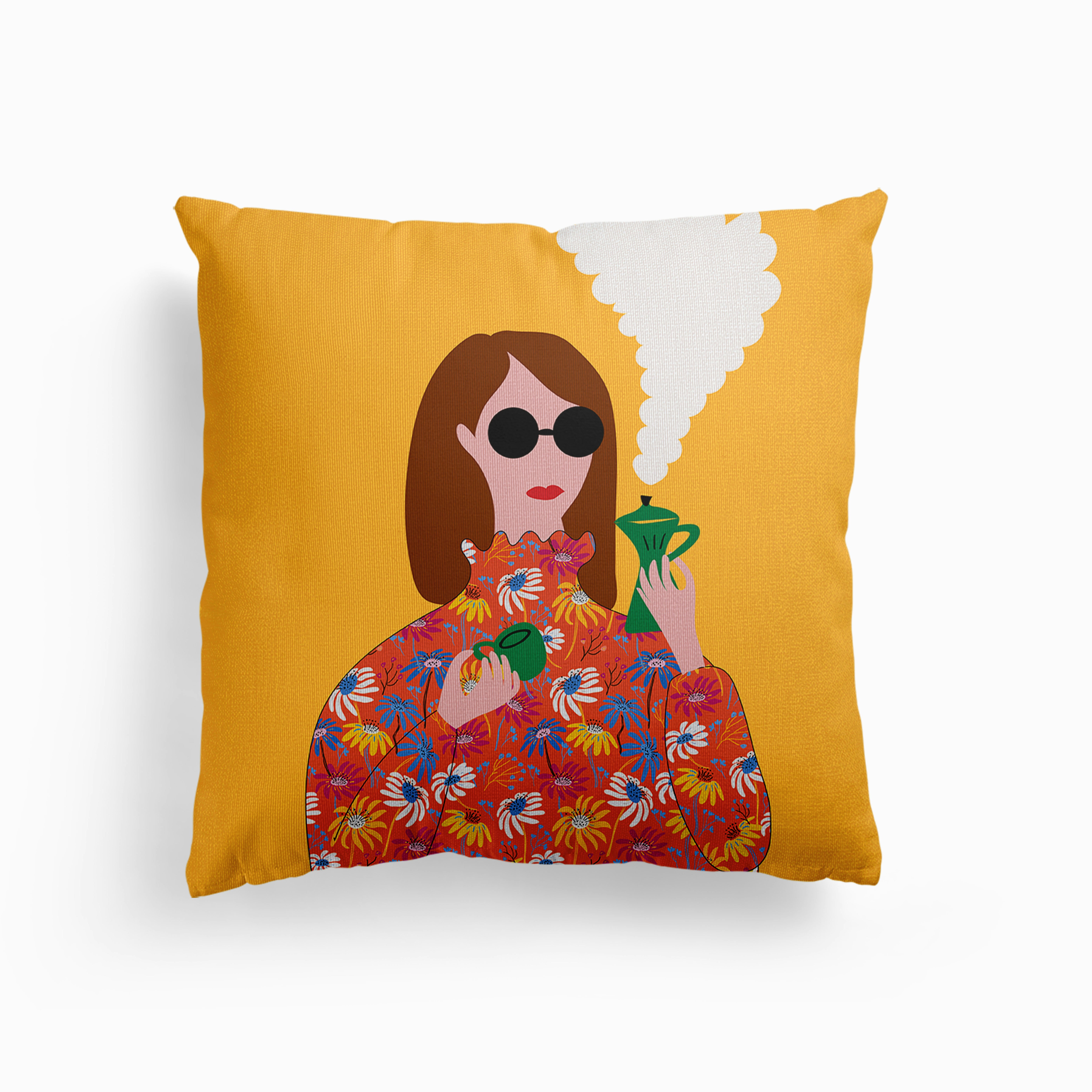 Girl With Italian Coffeemaker Canvas Cushion by Mariasara Pattern Design