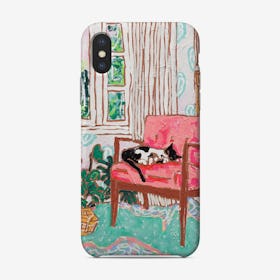 Mid Century Chair With Napping Tuxedo Cat Painting Phone Case