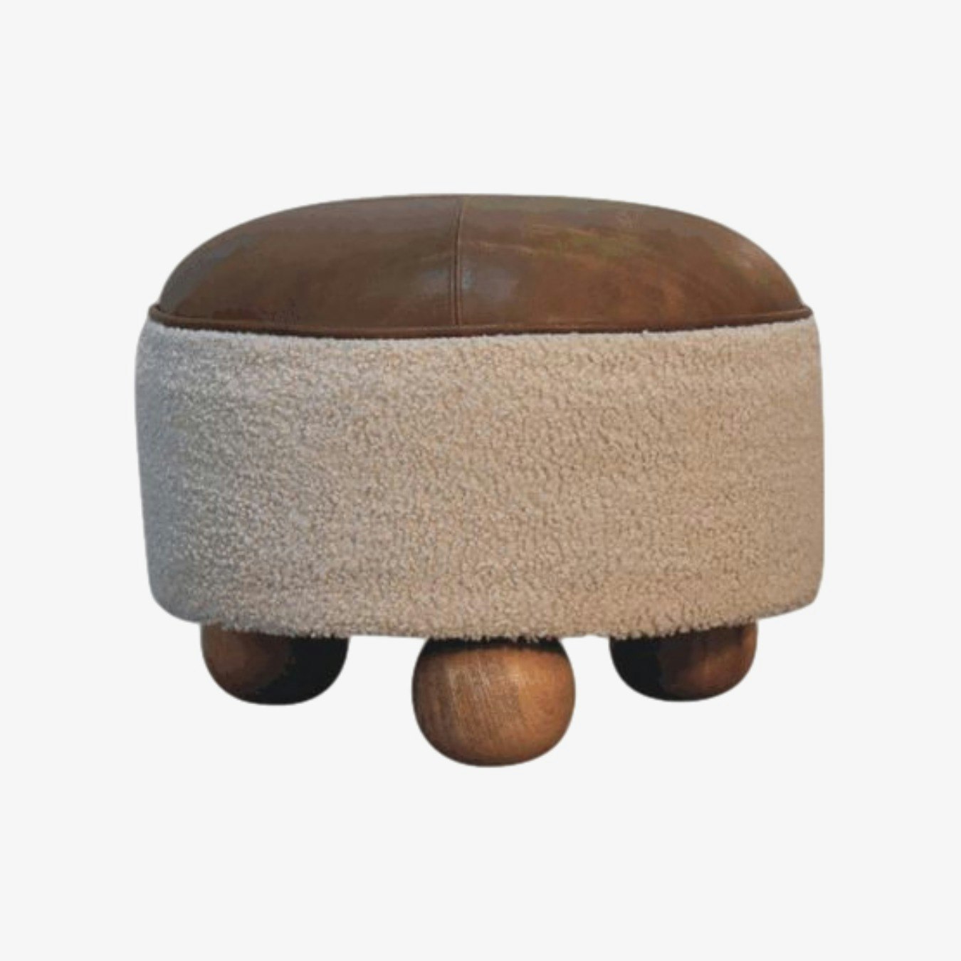 Boucle Cream Buffalo Leather Footstool with Ball Feet by Artisan Furniture