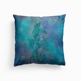 Blue Doodle Seahorse Canvas Cushion