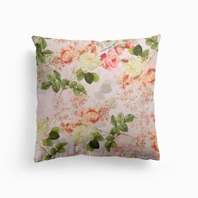 Vintage Summer Redouté Rose Blossoms Garden Cushion