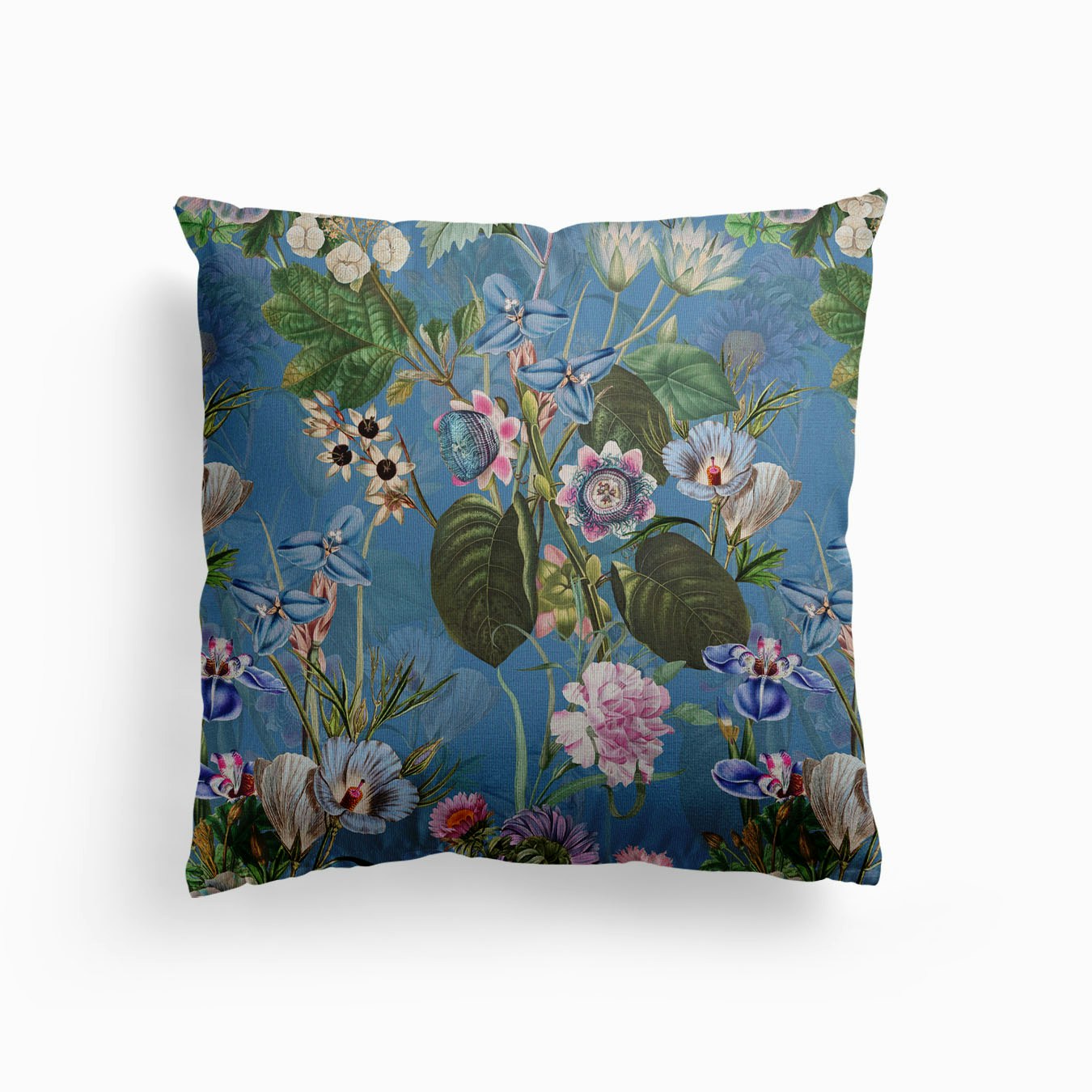 Blue Vintage Exotic Watercolor Garden Canvas Kissen