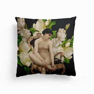Vintage Naked Girl Sitting In Armchair With Dog And Magnolia Flowers Canvas Cushion