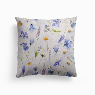 Blue And White Scandinavian Midsummer Wildflowers Meadow Canvas Cushion