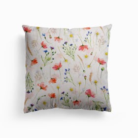 Scandinavian Midsummer Poppies And Cornflowers Wildflowers Meadow Canvas Cushion