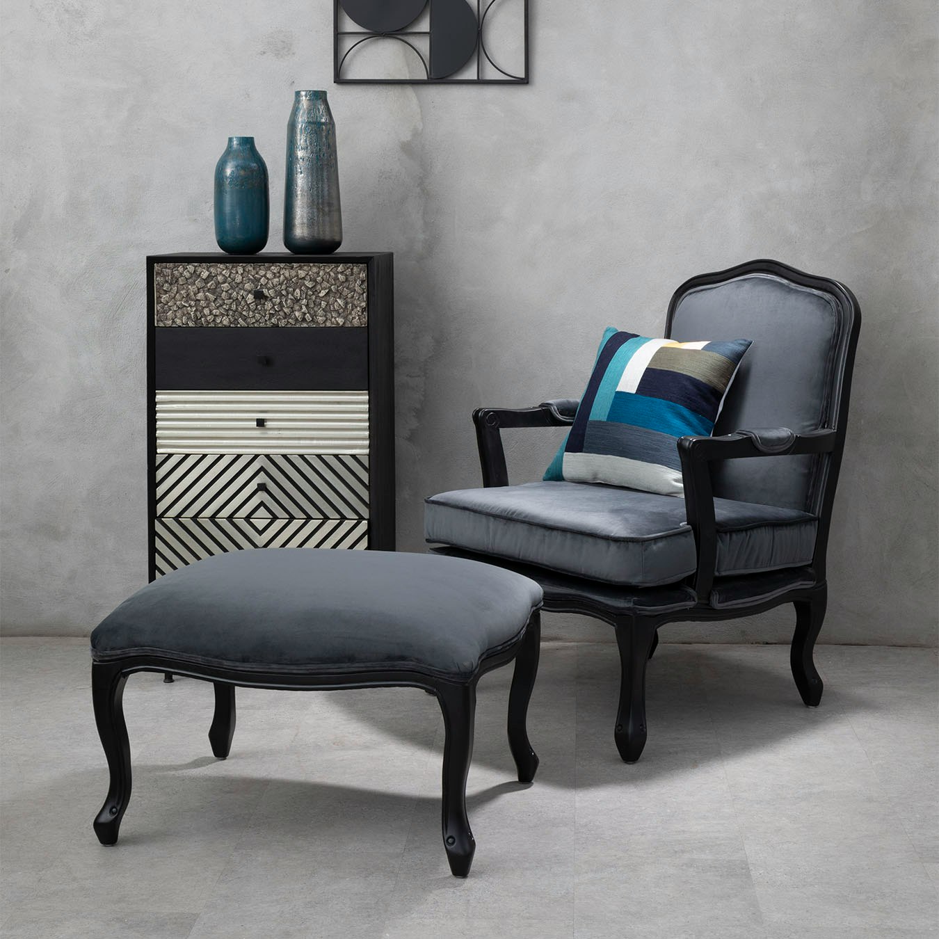 Rococo Chair & Footstool - Dark Grey by Fifty Five South
