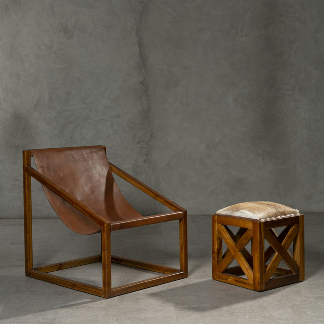 Kendari Chair with Geometric Frame - Brown - Cow Leather / Teak Wood by Fifty Five South
