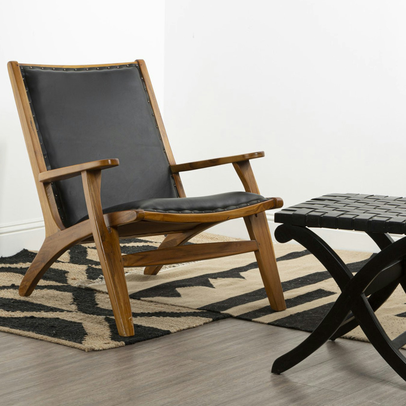 Kendari Chair - Black / Brown - Leather / Teak Wood by Fifty Five South