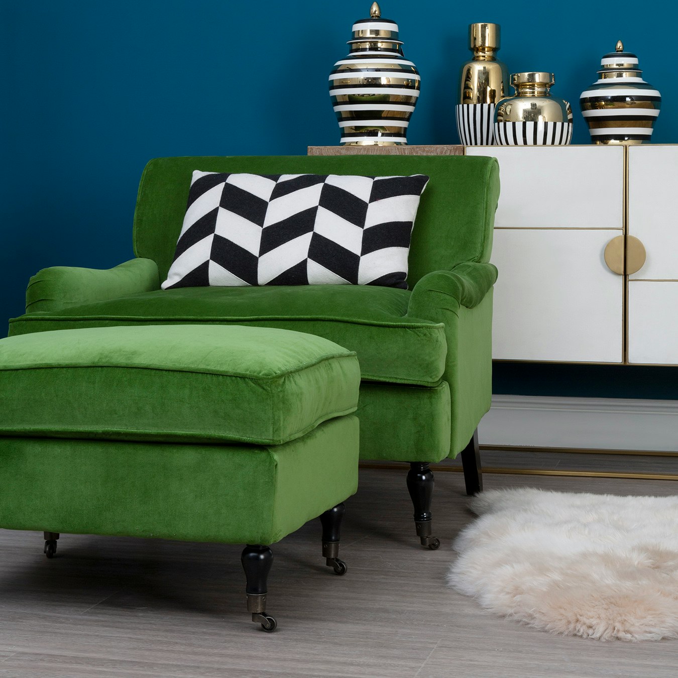 Plush Footstool - Green - Velvet / Birchwood by Fifty Five South