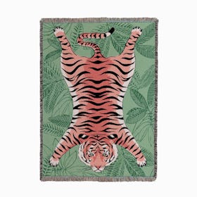 Tiger Flat Pink on Green Woven Throw