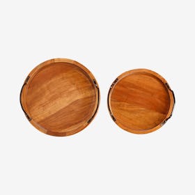 Handmade Round Acacia Wood Tray With Handles - Set of 2