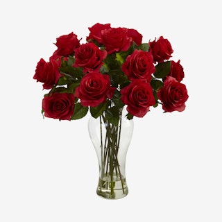 Blooming Roses Flower Arrangement with Vase - Red