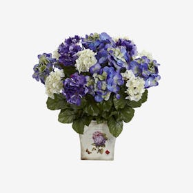 Mixed Hydrangea Flower Arrangement with Floral Planter - Blue Purple