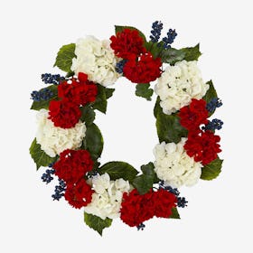 Geranium and Blue Berry Artificial Wreath - Red / White