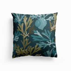 Olive Green And Turquoise Fern Leaves Canvas Cushion