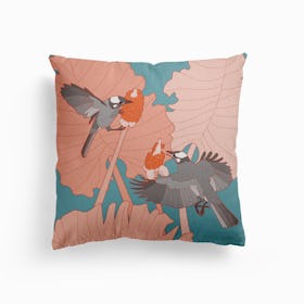 Grey Birds With Pink Leaves Canvas Cushion