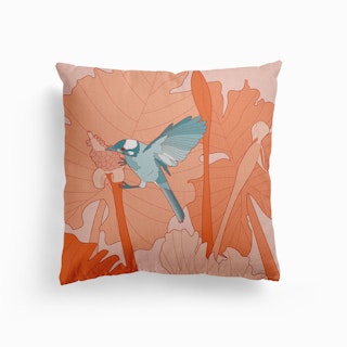 Turquoise Birds With Orange Leaves Canvas Cushion