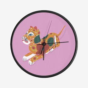 Tiger With Flowers On Pink Background Clock