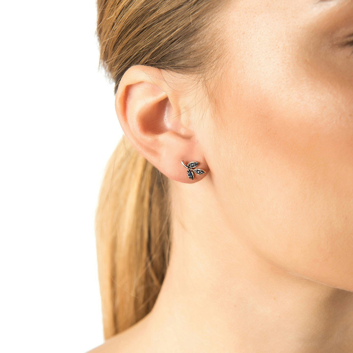 Leaf Stud Earrings - Rose Gold - Blue Sapphire by Latelita