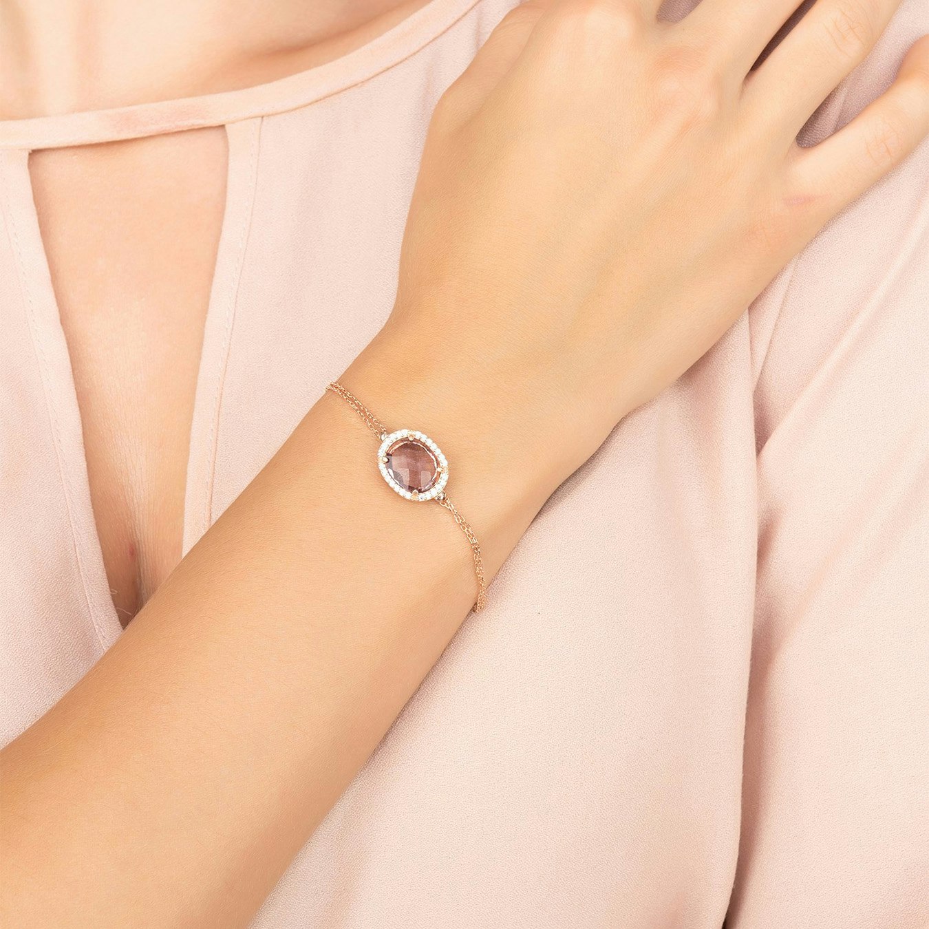 Beatrice Oval Gemstone Bracelet - Rose Gold - Amethyst Hydro by Latelita