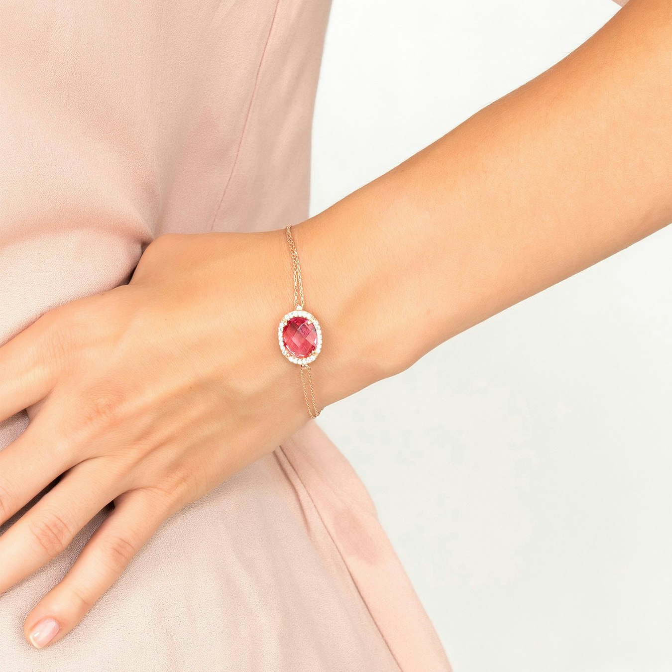 Beatrice Oval Gemstone Bracelet - Rose Gold / Pink - Tourmaline by Latelita