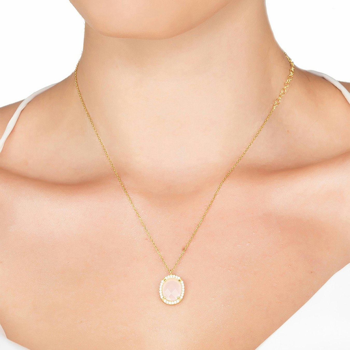 Beatrice Oval Gemstone Pendant Necklace - Gold / Rose - Quartz by Latelita