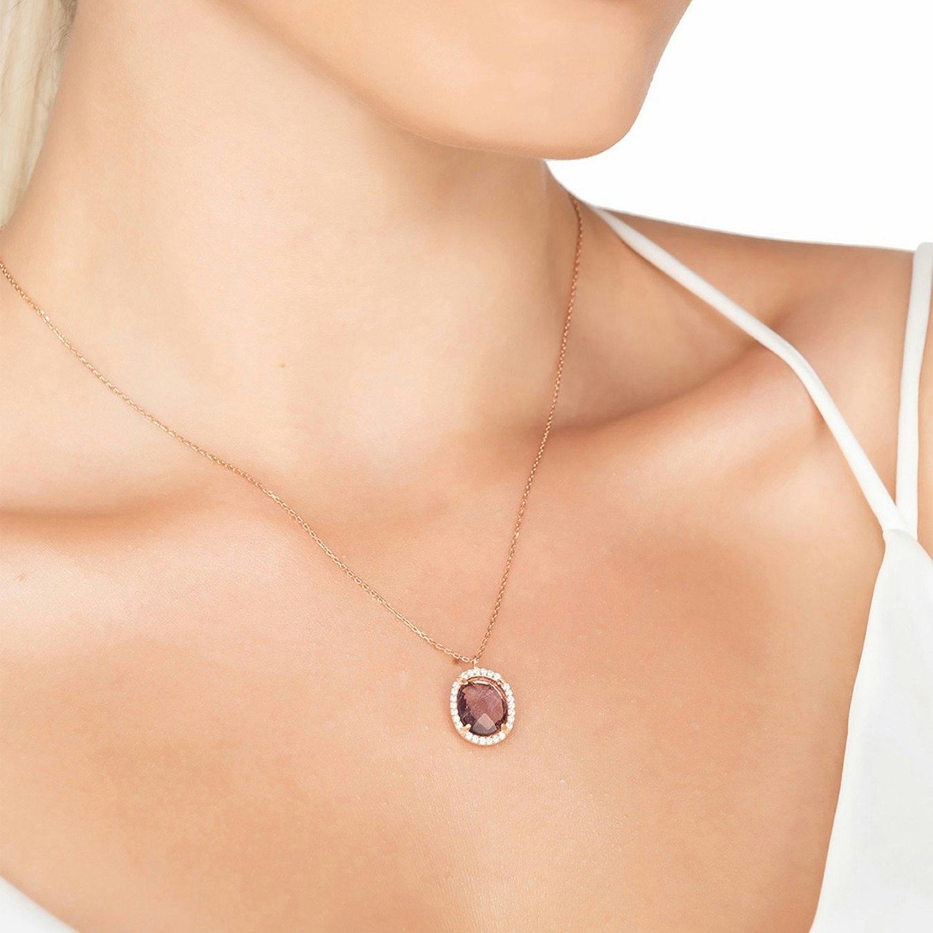 Beatrice Oval Gemstone Pendant Necklace - Rose Gold - Amethyst Hydro by Latelita