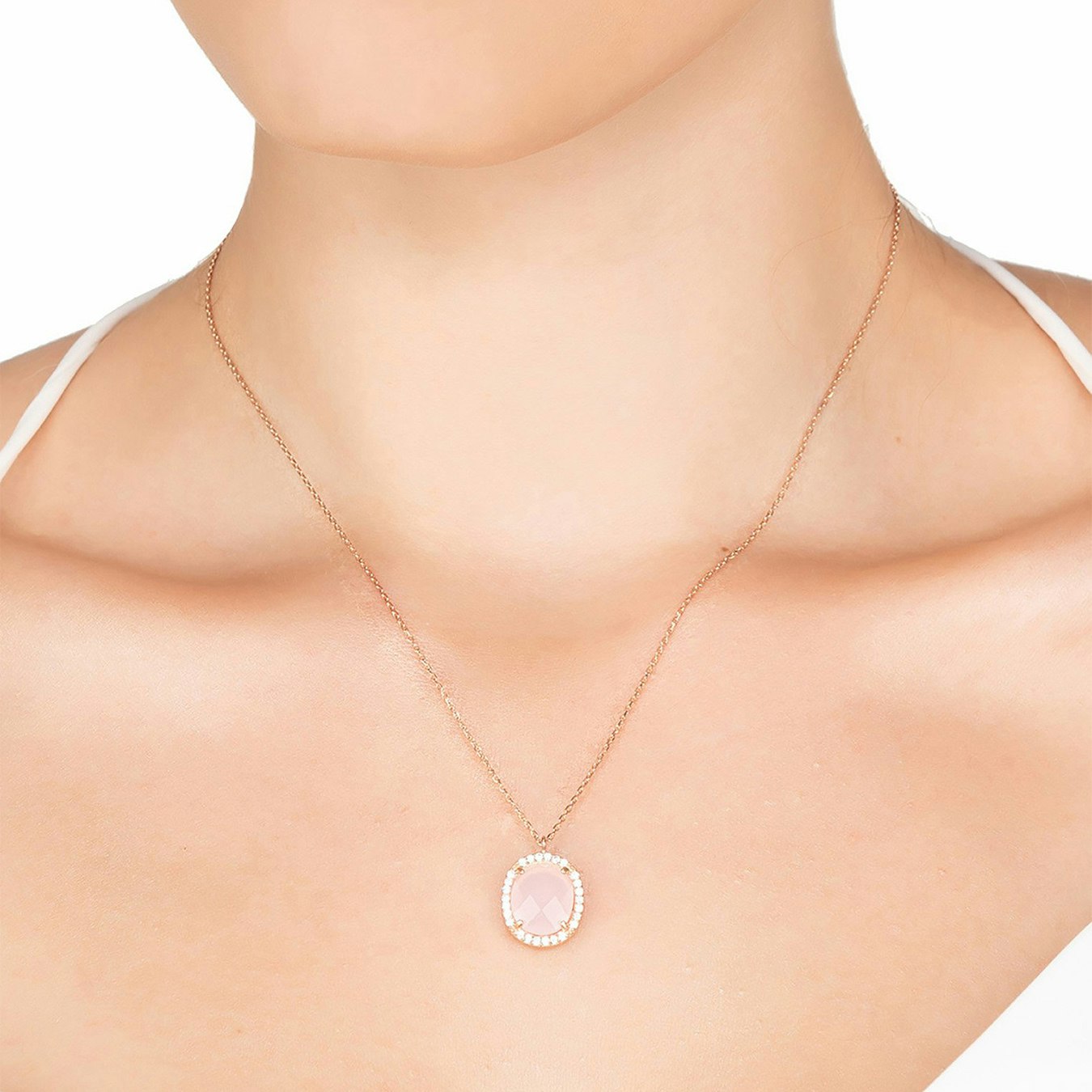Beatrice Oval Gemstone Pendant Necklace - Rose Gold / Rose - Quartz by Latelita