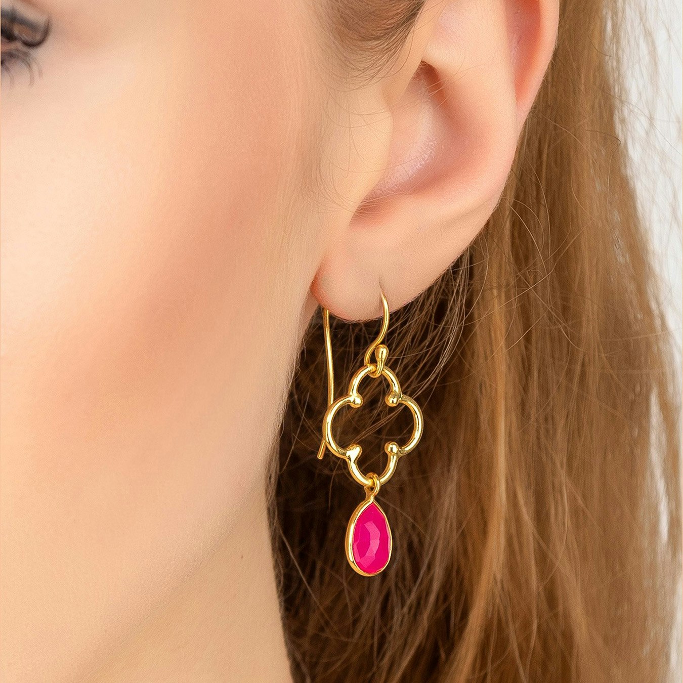 Open Clover Gemstone Drop Earrings - Gold / Fuchsia Pink - Chalcedony by Latelita